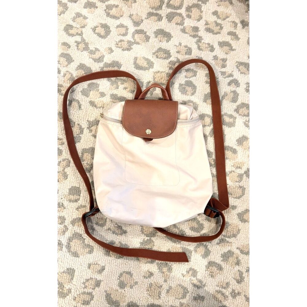 Longchamp Le Pliage Nylon Canvas Backpack Black Authentic Tan Beige - Picture 3 of 10